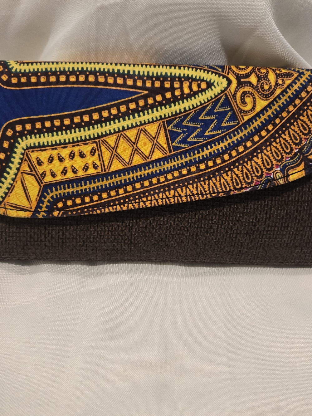 Colorful Patterned Foldover Clutch - Blue, Brown & Yellow